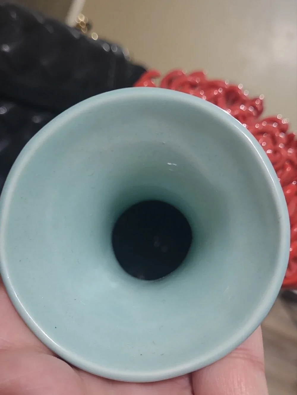 Anthropologie Celadon Blue Ceramic Vase with Red Chrysanthemum